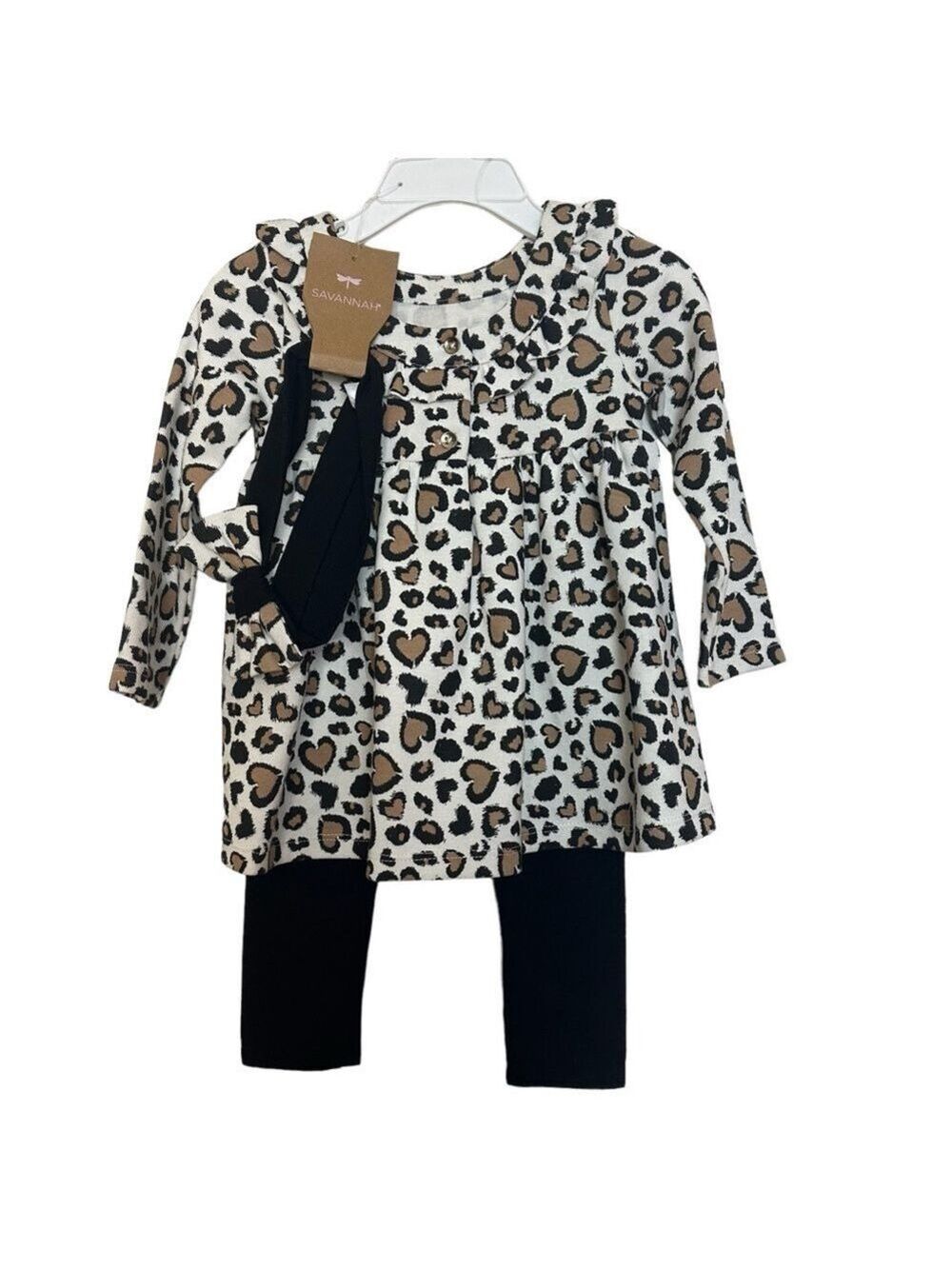 Savannah Baby Girl 3-Piece Leopard Print Set with Dress, Leggings and Headband